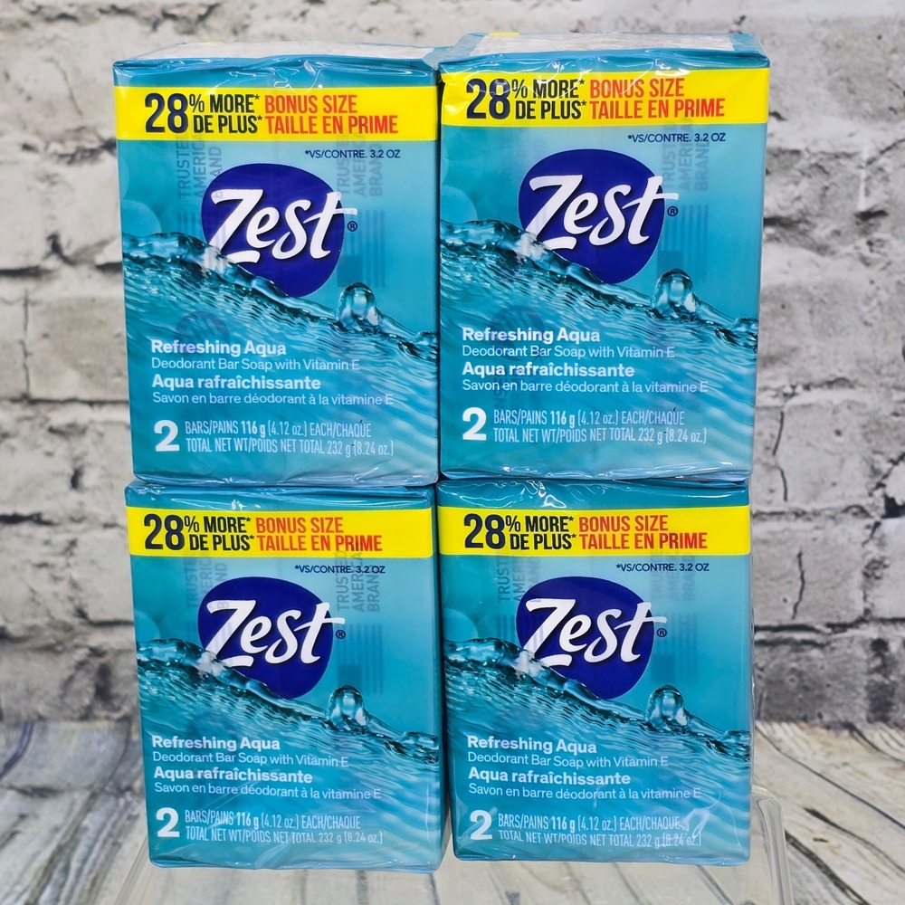 Zest Refreshing Aqua Deodorant Bar Soap 8 Bars Total 4.12oz Vitamin E Bonus Size